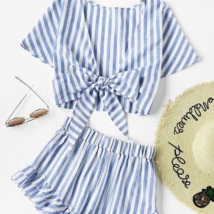Striped Bow Tie Top and Ruffle Shorts Set